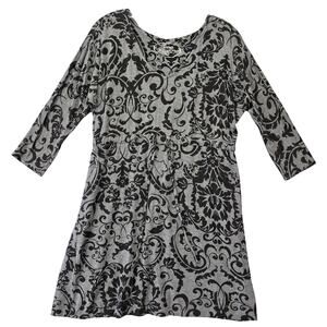 Soma Gray Black Dress Stretch Floral Midi 3/4 Sleeves Scoop Neck Womens Size M